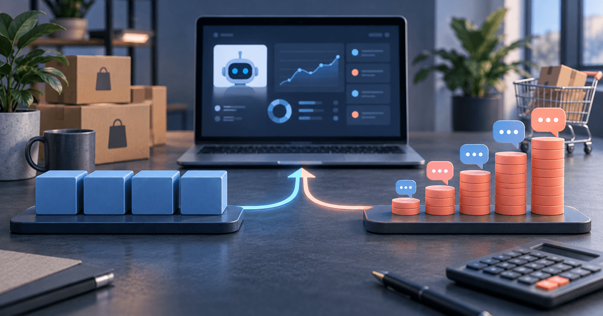 Fixed monthly chatbot plan blocks compared with rising usage-based conversation costs for a small online store