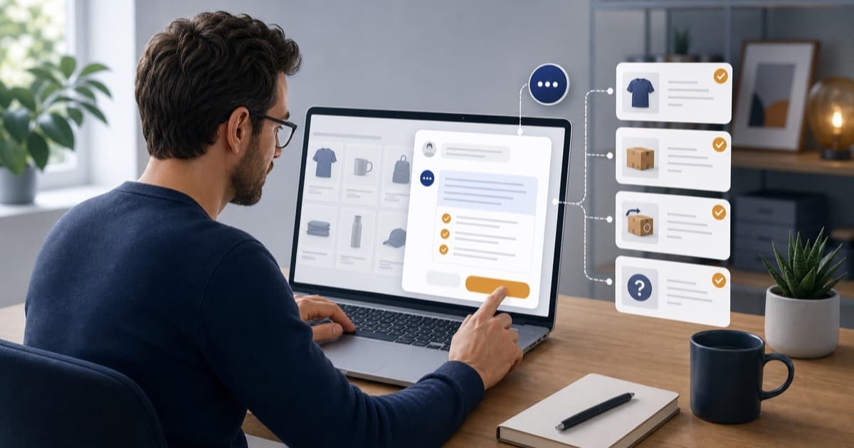 Solo WooCommerce store owner reviewing an AI support answer against approved product, shipping, returns, and FAQ sources