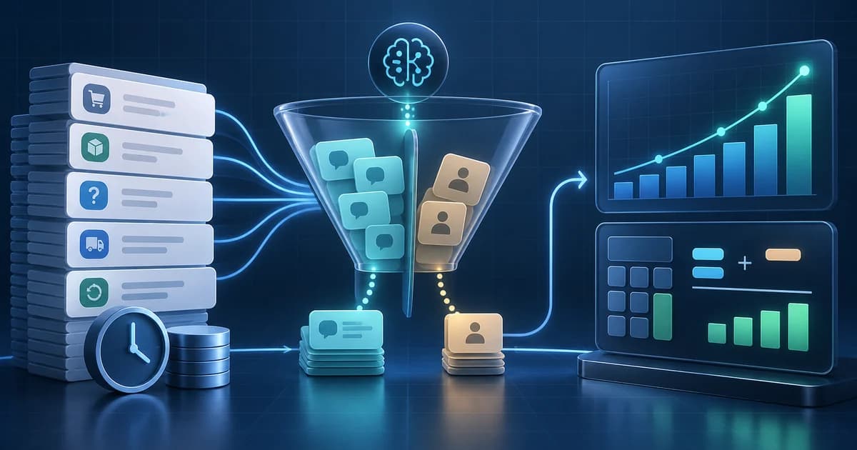 Support conversations separated into automated resolutions and human handoffs beside an ROI calculator