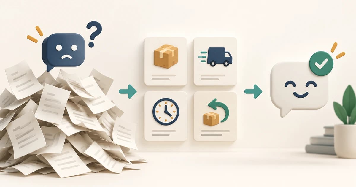 Scattered policy pages organized into shipping and returns answer cards