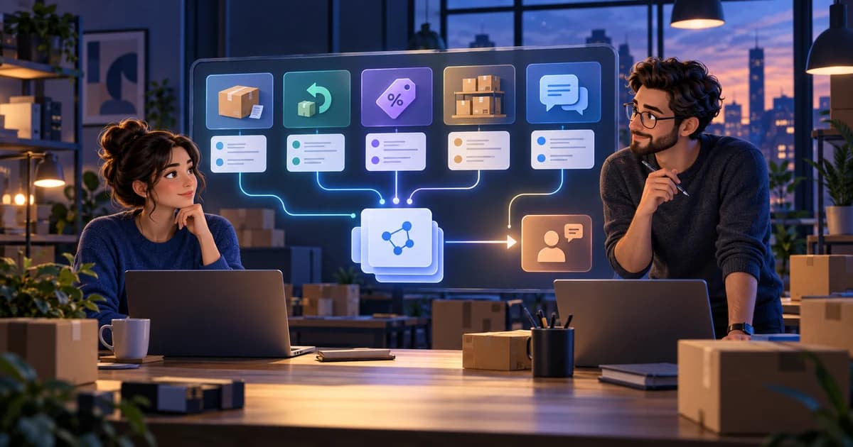 Two ecommerce support operators reviewing BFCM orders, promotions, returns, and human handoff queues